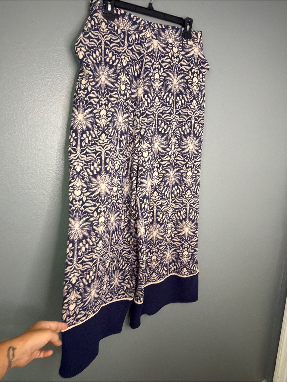kathy ireland Gaucho Navy and Cream Patterned Wide-Leg Pants Vacation Euro Large